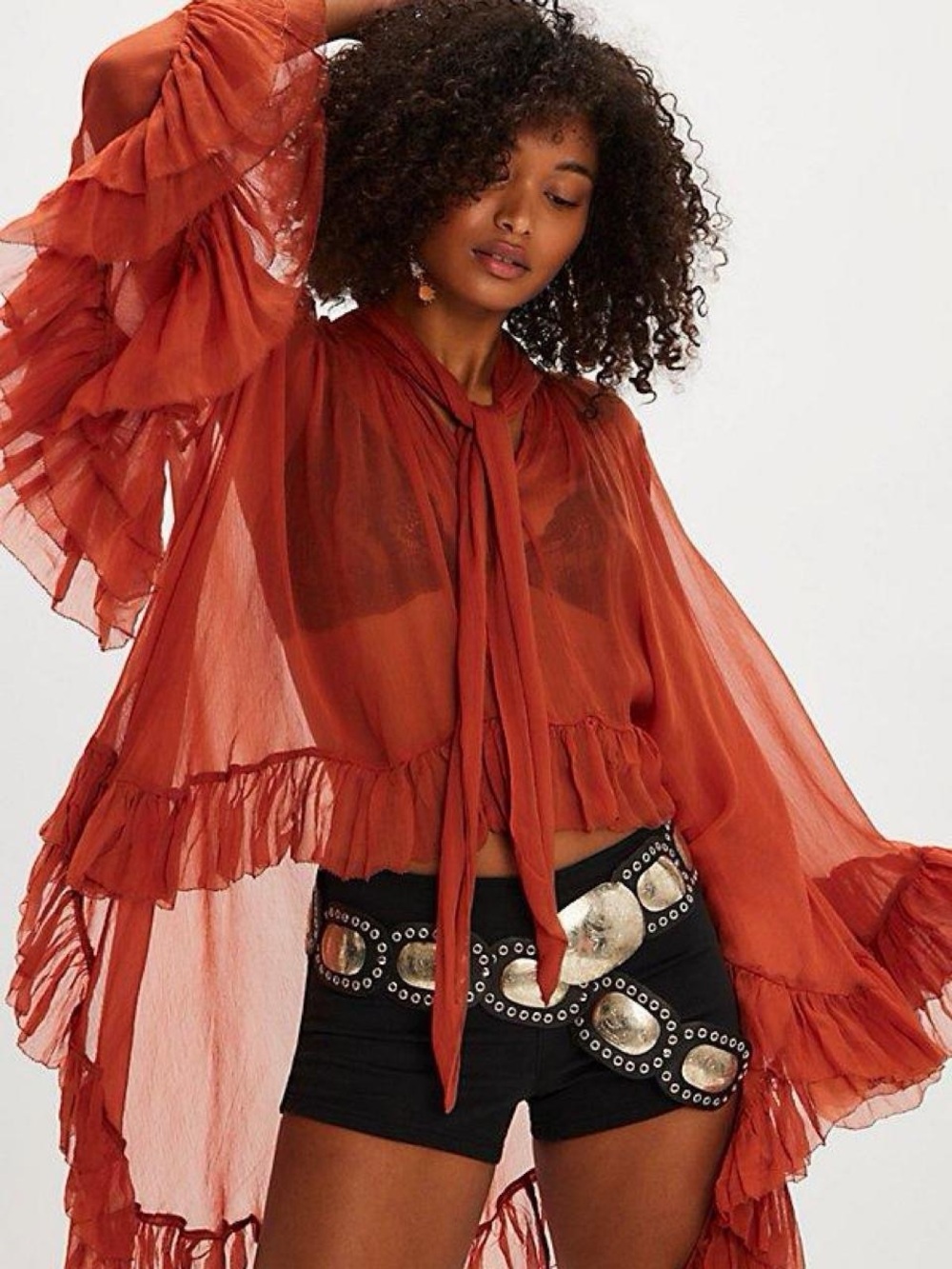 Free People Sheer Ruffle Tie-Neck Blouse - Rust